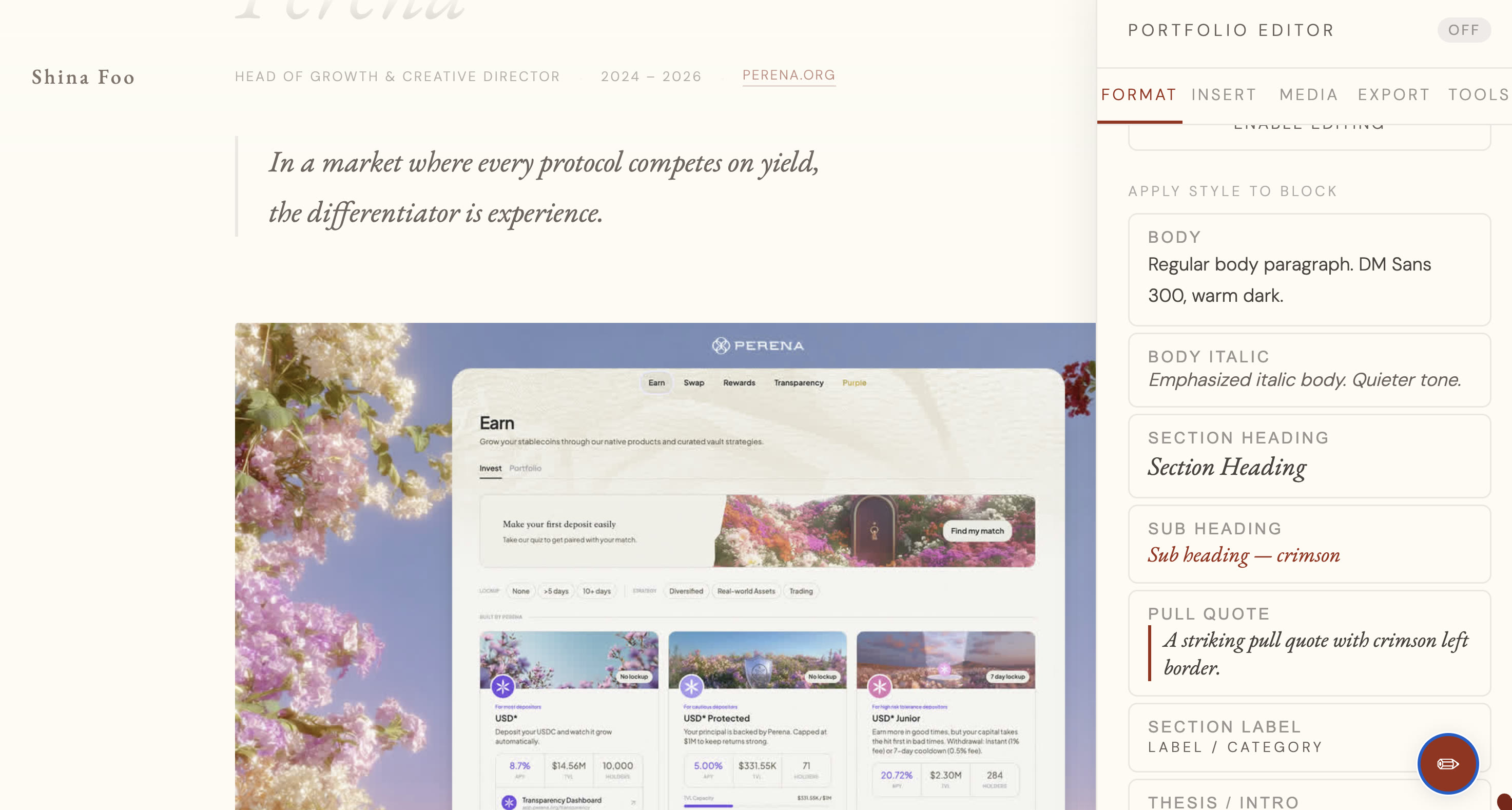 Portfolio Editor open on the Perena case study page